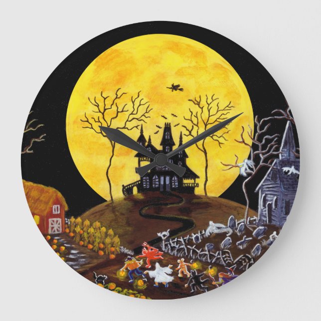 Grande Horloge Ronde Halloween, clock, graveyard, ghosts, witch, church (Recto)