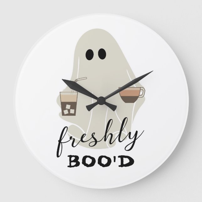 Grande Horloge Ronde Halloween Cute Ghost | Les amateurs de café Boo'd (Recto)