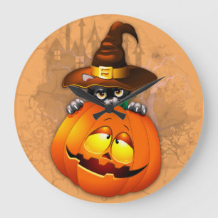 Grande Horloge Ronde Halloween Cute Kitty Witch et ami Citrouille