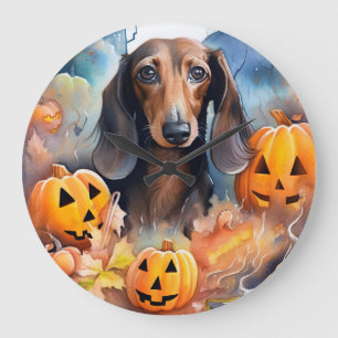 Grande Horloge Ronde Halloween Dachshund Avec La Peur Citrouille
