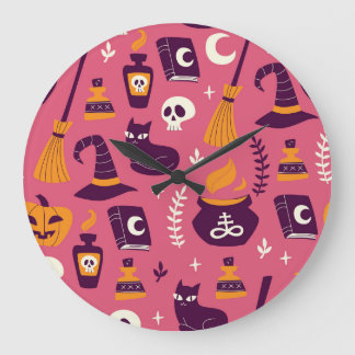 Grande Horloge Ronde Halloween dessiné à la main, motif éffrayant sans 