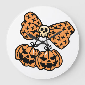 Grande Horloge Ronde Halloween, Double Citrouilles Effrayantes avec Rub
