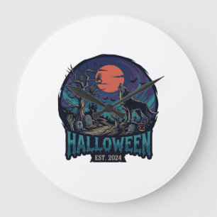 Grande Horloge Ronde Halloween Est Hurlement Loup Lune Rouge Main Zombi