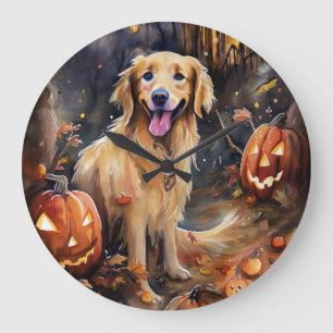 Grande Horloge Ronde Halloween Golden Retriever avec la peur Citrouille