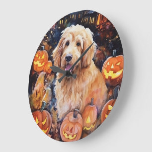 Grande Horloge Ronde Halloween Goldendoodle avec la peur Citrouille