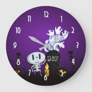 Grande Horloge Ronde Halloween Graveyard mignonne squelette et fantômes