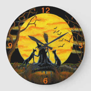 Grande Horloge Ronde Halloween, horloge, sorcière, chauves-souris,