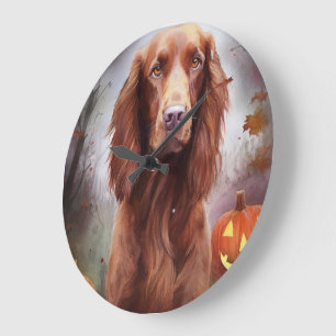 Grande Horloge Ronde Halloween Irish Red Setter avec citrouilles épouva