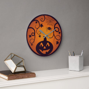 Grande Horloge Ronde Halloween Jack-o'-lantern citrouille visage et ara
