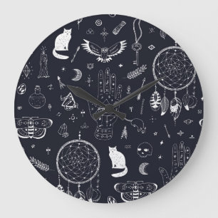 Grande Horloge Ronde Halloween Magic : Vintage Doodle Motif.
