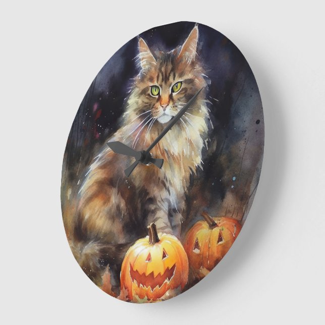 Grande Horloge Ronde Halloween Maine Coon Chat Avec Crainte Citrouille (Angle)