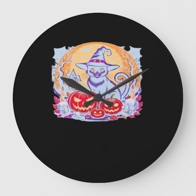 Grande Horloge Ronde Halloween mignon Fantôme Citrouille Chat classique (Recto)