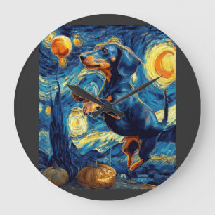 Grande Horloge Ronde Halloween Nuit Étoilée Chiot Teckel