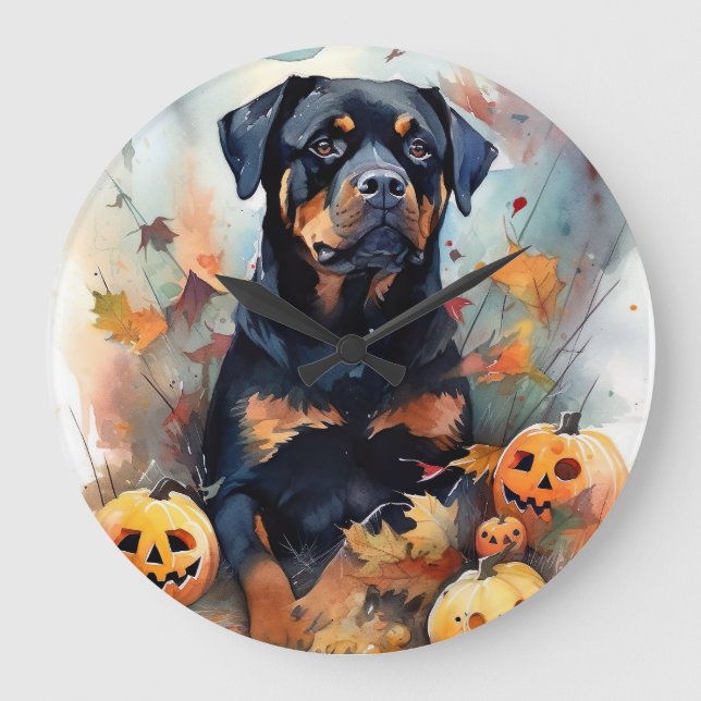 Grande Horloge Ronde Halloween Rottweiler avec la peur Citrouille (Recto)