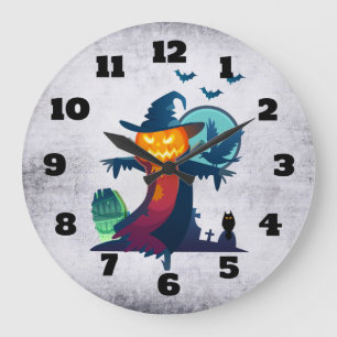 Grande Horloge Ronde Halloween Scarecrow With Bats Crow and Owl