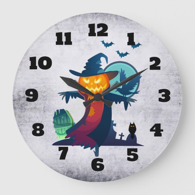 Grande Horloge Ronde Halloween Scarecrow With Bats Crow and Owl (Recto)