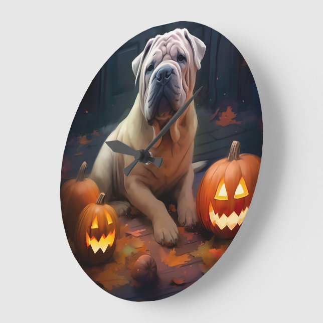 Grande Horloge Ronde Halloween Shar Pei Avec La Peur Citrouille (Angle)