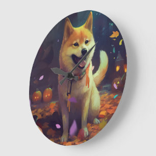 Grande Horloge Ronde Halloween Shiba Inu Avec La Peur Citrouille