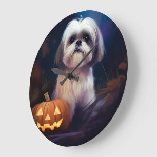 Grande Horloge Ronde Halloween Shih Tzu Avec La Peur Citrouille