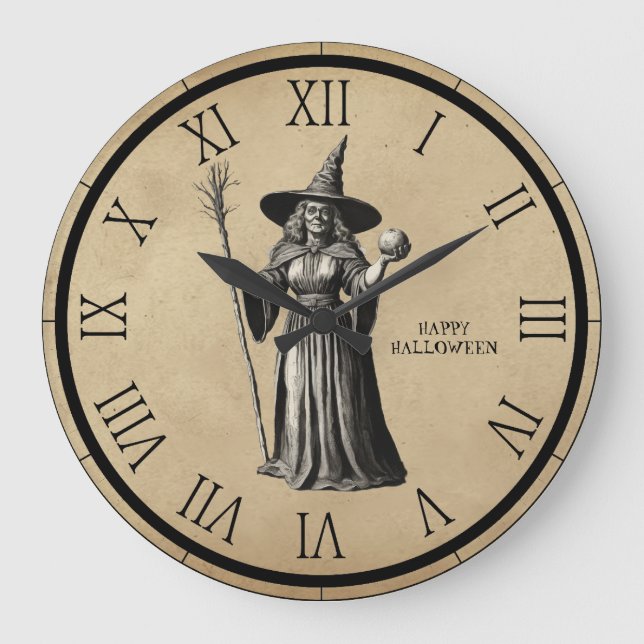 Grande Horloge Ronde Halloween sorcière Éffrayante une Pleine lune (Recto)