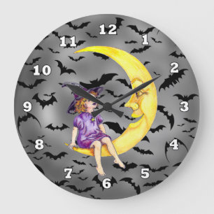 Grande Horloge Ronde Halloween sorcière sur la lune