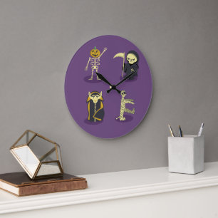 Grande Horloge Ronde Halloween Squelette Dracula Mummy Griffe Reaper