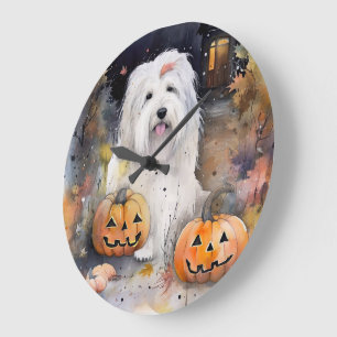 Grande Horloge Ronde Halloween vieux chien anglais avec la peur Citroui