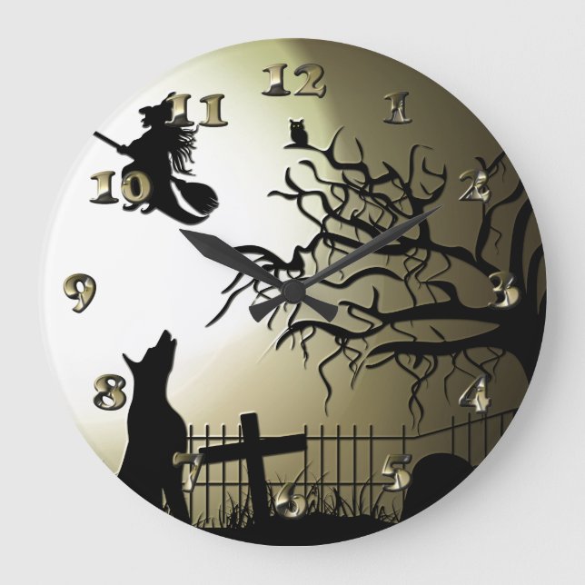 Grande Horloge Ronde Halloween Witch et Howling Dog (Recto)