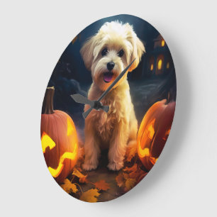 Grande Horloge Ronde Halloween Yorkipoo Avec La Peur Citrouille