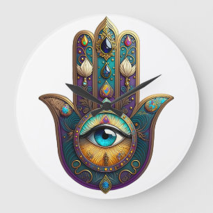 Grande Horloge Ronde Hamsa Violet Turquoise avec Troisième Œil en Turqu