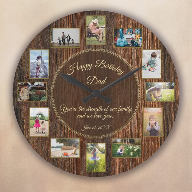 Grande Horloge Ronde Happy Birthday Papa Rustic Wood Photo de modèle (Happy Birthday Dad Rustic Wood Photo Template Large Clock)