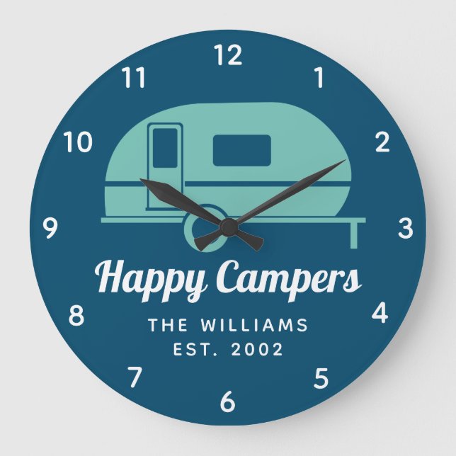 Grande Horloge Ronde Happy Campers Marine Camping Turquoise (Recto)