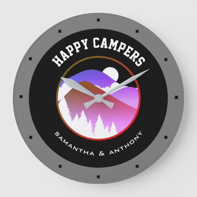 Grande Horloge Ronde Happy Campers Nom de famille Grey Black Camping (Recto)
