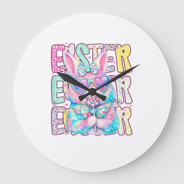 Grande Horloge Ronde Happy Easter Bunny Coquette Bow Preppy Easter Day  (Recto)