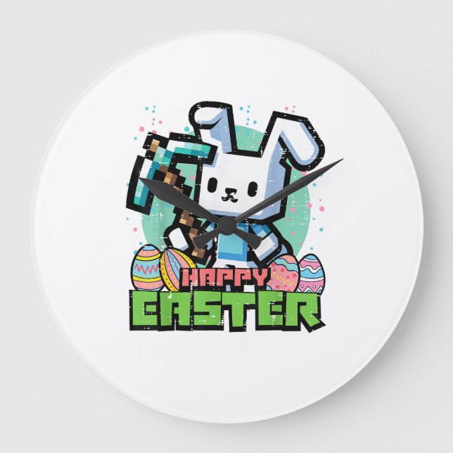 Grande Horloge Ronde Happy Easter Bunny Pixel Game Gaming Gamer Boys Ki (Recto)