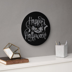 Grande Horloge Ronde Happy Halloween chauves-souris Jack-o'-lantern