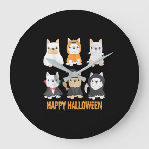 Grande Horloge Ronde Happy Halloween Chiens Carlins mignonnes Amoureux