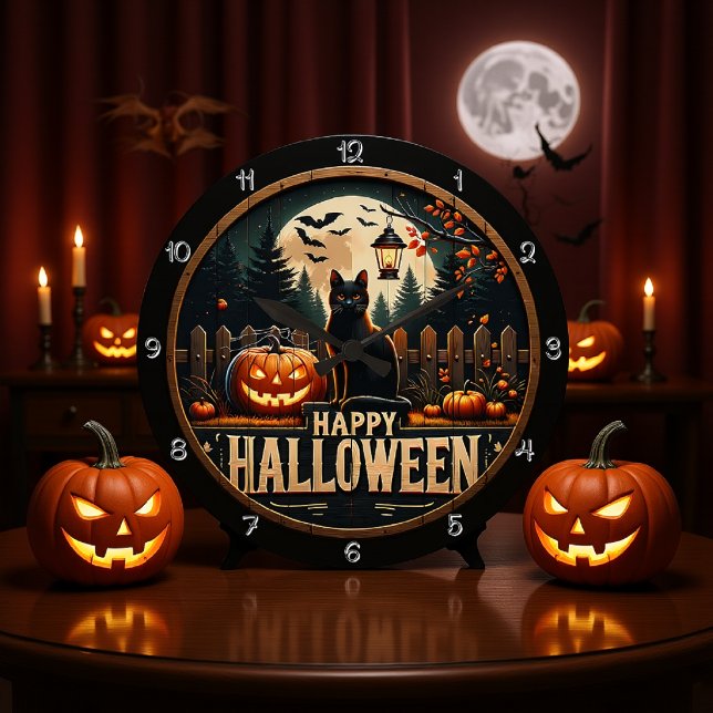 Grande Horloge Ronde Happy Halloween scène de chat noir (Créateur téléchargé)