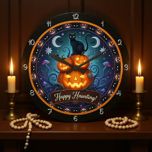 Grande Horloge Ronde Happy Hauny Chat noir Citrouille
