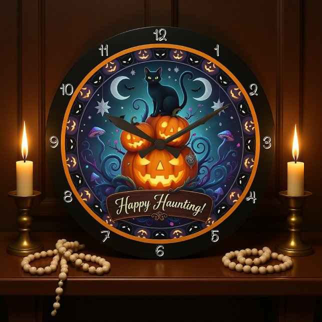Grande Horloge Ronde Happy Hauny Chat noir Citrouille (Créateur téléchargé)