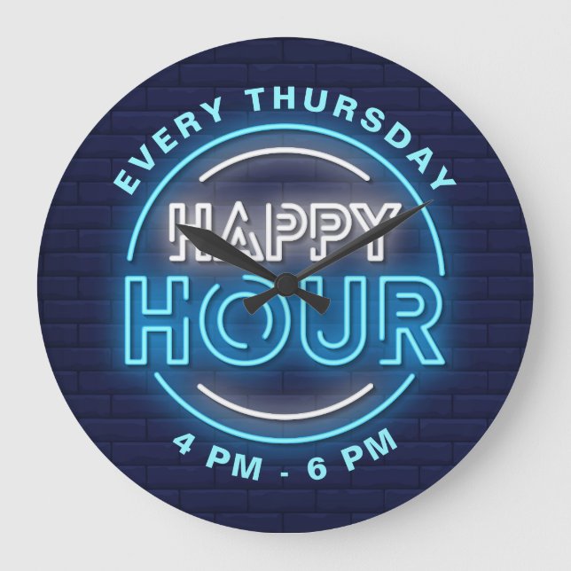 Grande Horloge Ronde Happy Hour Neon Signes Style Texte (Recto)