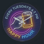 Grande Horloge Ronde Happy Hour Neon Signes Style Texte Tige Bière<br><div class="desc">Happy hour style néon texte,  en bleu et jaune avec texte bleu personnalisable pour le temps et le jour.</div>