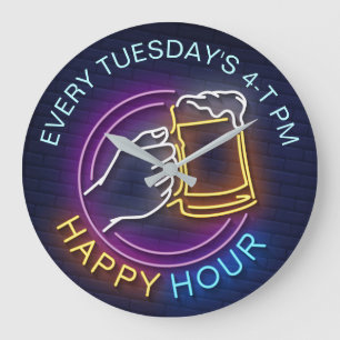 Grande Horloge Ronde Happy Hour Neon Signes Style Texte Tige Bière