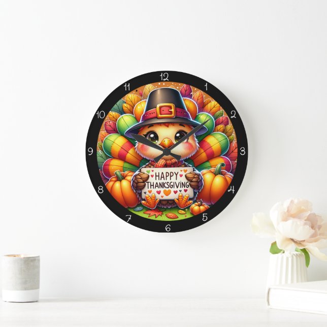 Grande Horloge Ronde Happy Thanksgiving Turkey  (Maison)