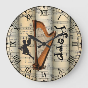 Grande Horloge Ronde Harpe ~ Vintage feuille roulée musique ~ Unique ~
