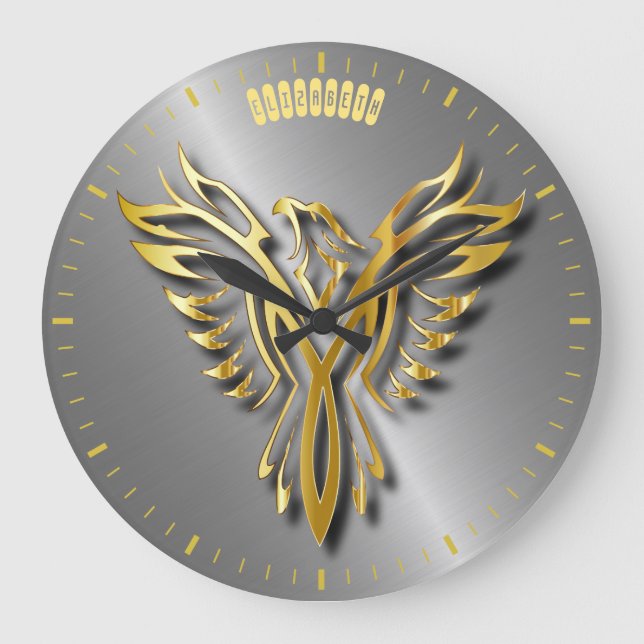 Grande Horloge Ronde Hautement Golden Phoenix Gold Flames Avec Ombres (Recto)