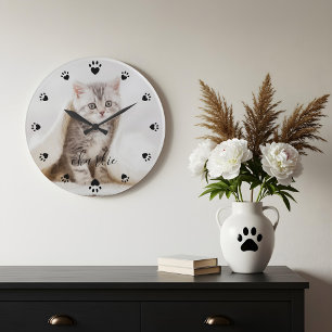Grande Horloge Ronde Heart Paw Prints Personalized Full Photo & Nom
