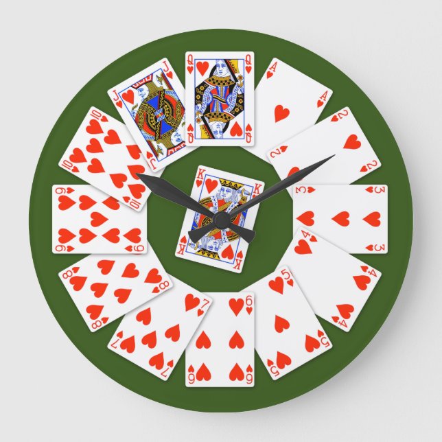Grande Horloge Ronde Hearts Suit Playing Cards on Green Background (Recto)