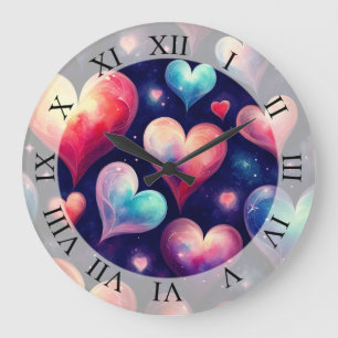 Grande Horloge Ronde Hearts Watercolor Valentine Art