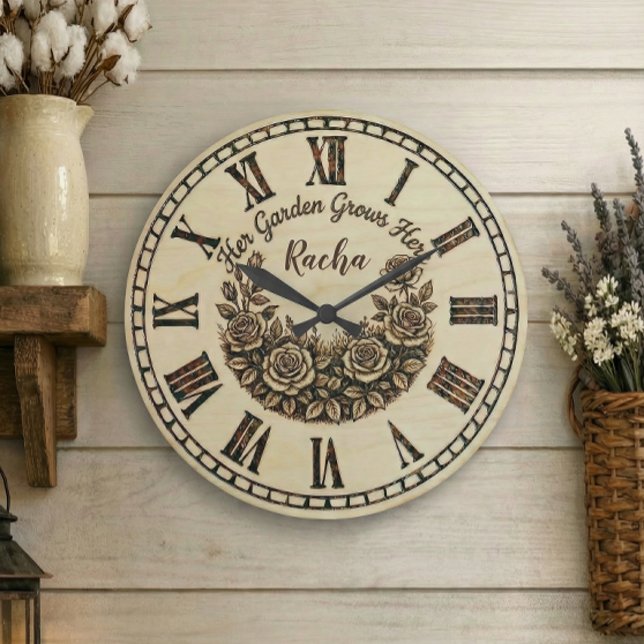 Grande Horloge Ronde Her Garden Grows Here | Custom Name wall clock  (Créateur téléchargé)